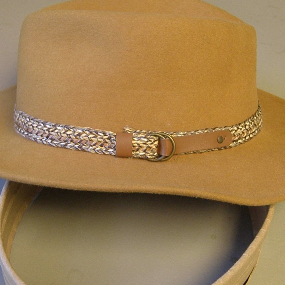 Caramel lite felt Large Fedora with multi color  braided buckle band